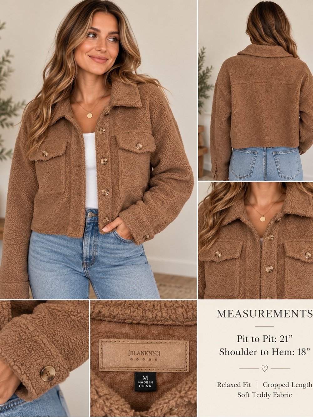 BLANKNYC Teddy Sherpa Cropped Jacket M Brown Faux Shearling Shacket Y2K
